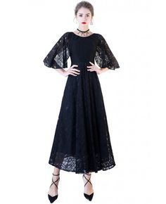 Shop Long Black Lace Ankle Length Formal Dress with Cape Sleeves online. All instock with free shipping. Pro since 2009. Black Lace Short Sleeve Maxi Dress, Black Lace Maxi Dress With Short Sleeves, Black Full-length Maxi Dress For Spring, Black Stretch Full-length Dress, Black Lace Maxi Dress For Fall, Formal Dress With Cape, Dress With Cape Sleeves, Maxi Formal Dress, Party Dresses With Sleeves