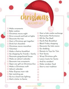 a christmas bucket list with santa's hat on it