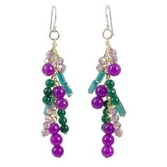 Like a bubbling waterfall sleek gems cascade down golden chains in this earring design from Nareerat in Thailand. She crafts the earrings with dyed quartz in green and purple shades as well as sparkling glass beads. The gems adorn 24k gold plated silver chains which in turn swing from sterling silver hooks..925 Sterling silver Purple Crystal Dangle Earrings With Beads, Waterfall Earrings, Purple Shades, Purple Quartz, Silver Chains, Beaded Dangle Earrings, Jewelry Packaging, Gold Plated Silver, Hook Earrings