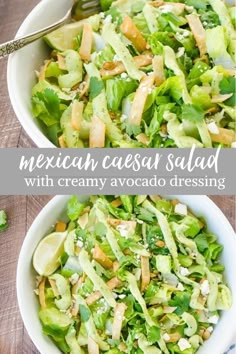 mexican caesar salad with creamy avocado dressing in a white bowl on a wooden table