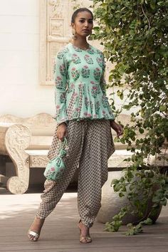 Shop for Nikasha Green Crepe Printed Short Angrakha And Dhoti Pant Set for Women Online at Aza Fashions Pista Green, Dhoti Pants, Peplum Styling, Designer Dresses Casual, Peplum Styles, Indian Fashion Designers, Designer Gowns, Pant Set, Indian Design