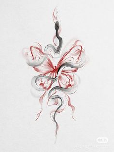 a drawing of a flower with red and grey swirls