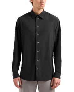 Emporio Armani Nylon Stretch Regular Fit Button Down Shirt Designer Black Shirt With Button Cuffs, Designer Black Shirt With Button Closure, Designer Button-up Shirt With Button Closure, Black Button-up Shirt With Concealed Placket, Designer Business Tops With Button Closure, Designer Business Tops With Buttons, Designer Business Top With Buttons, Designer Black Tops With Button Closure, Business Casual Black Shirt With Hidden Button Closure