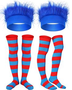 PRICES MAY VARY. You will receive: the package comes with 2 pieces blue plush hairy headbands and 2 pairs of blue and red striped socks, you can wear them to costume parties, this funny and proper combination set can basically show your chic personal taste Size and dimension: this striped socks can fit most teens and adults, suitable for people at or over the age of 14; The width of this blue hairy headband measures approx. 5.5 cm/ 2.2 inches, the circumference is around 56 cm/ 22 inches and the Blue Wig Costume, Thing 1 And Thing 2, Wig Costume, Matching Costumes, Hair Headband, Red Headband, Blue Wig, Halloween Costume Accessories, Crazy Socks