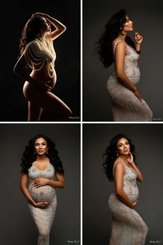 four different pictures of a pregnant woman posing for the camera with her hands on her hips