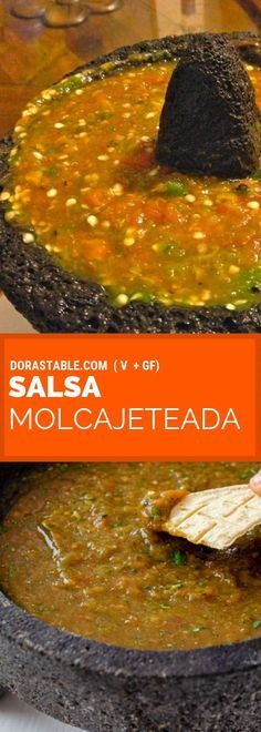 a bowl filled with soup and a wooden spoon in the bottom left hand corner that says salsa molcaeteada