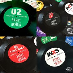 several different colored records with labels on them