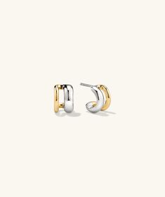 With our Duet collection, stacking is made easy, real easy. This style is a lesson in duality featuring mixed metals in two widths. Handcrafted in 18k gold vermeil and sterling silver. Earring Stacks Mixed Metal, Trendy Metal Hoop Huggie Earrings, Everyday Metal Huggie Hoop Earrings, Gold And Silver Earrings Mixing, Mejuri Earring Stack, Mixed Metal Earring Stack, Mixing Metals Jewelry, Mejuri Dome Earring, Mejuri Gold Hoop Earrings