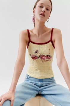 Smocked Fruit Print Tank Top | Urban Outfitters Women's Graphic Tees, Vintage Graphic Tees, Urban Outfitters Clothes, Vintage Tank Top, Vintage Tank, Graphic Tees Vintage, Print Tank Top, Urban Outfitters Dress, Fruit Print