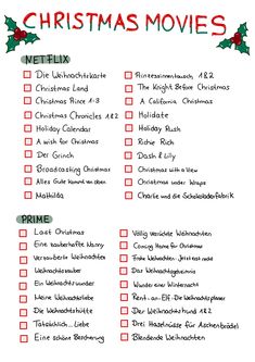 a christmas movie list with the words,'christmas movies'in red and green