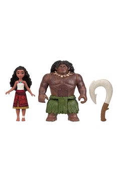 two toy figurines are standing next to each other in front of a white background