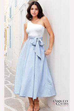 Sabrina Striped One-Shoulder Maxi Dress | Uniquely Claudia Boutique White One-shoulder Maxi Dress For Summer, Chic One-shoulder Spring Maxi Dress, Chic One Shoulder Maxi Dress For Spring, Chic Spring One-shoulder Strapless Dress, White One Shoulder Midi Dress For Summer, Chic One Shoulder Midi Dress For Spring, Chic White Off-shoulder Maxi Dress, Striped One-shoulder Summer Dress, Summer Striped One-shoulder Dress