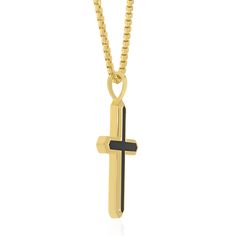 Elevate your accessory collection with this striking black onyx cross pendant, masterfully crafted in vermeil. It's not just an accessory, it's a statement, perfect for the discerning man looking for elegance that effortlessly complements any style.Never complicated and authentically you, Wilkes & Forge celebrates genuine self-expression and modern simplicity, designed for the man who confidently stands out with his individual style. | Men's Black Onyx Cross Pendant Necklace | Vermeil | Yellow | Size 24" | Wilkes & Forge Luxury Black Cross Pendant Necklace, Spiritual Onyx Cross Jewelry, Black Cross Pendant For Formal Occasions, Elegant Black Pendant Cross Necklace, Elegant Black Cross Pendant Necklace, Elegant Black Crucifix Jewelry, Black Cross Necklace With Box Chain, Black Cross Jewelry For Formal Occasions, Elegant Black Crucifix Cross Necklace