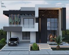 a car is parked in front of a modern house