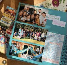 an open scrapbook with pictures on it