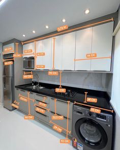 an image of a kitchen with all the parts labeled in orange and black on it