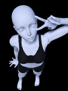 an alien woman in a black and white swimsuit with her hands on her head