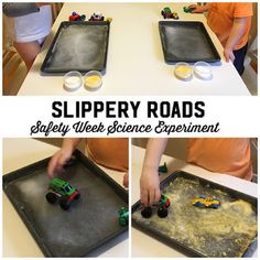 three pictures showing how to make slippery roads with toy trucks and cars on the tray