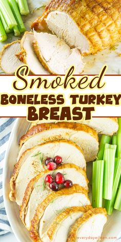 sliced turkey breast on a plate with celery and cranberries