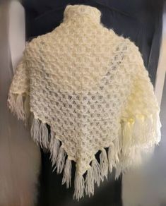 Vintage Ivory Crocheted Shawl White Vintage Shawl For Winter, Vintage White Winter Shawl, Vintage Winter Shawl, Crocheted Shawl, Knotted Fringe, Cream Stone, Granny Chic, Stone Cottage, Stevie Nicks