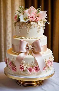 a three tiered wedding cake with pink and white flowers on the top, sitting on a table