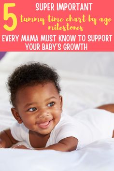 a baby laying on top of a bed with the text 5 super important tummy time chart for babies