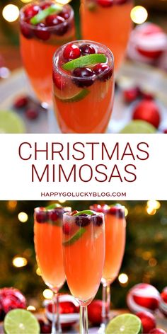 two glasses filled with christmas mimosas on top of a table