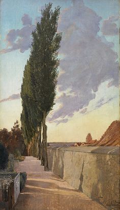 an oil painting of trees on the side of a road