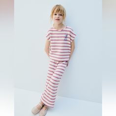 Brand New With Tags Cute Summer Loungewear Pants, Cute Cotton Pants For Playwear, Cute Striped Cotton Sets, Zara Casual Long Pants Sets, Cute Summer Playwear Pants, Pink Cotton Playwear Pants, Pink Cotton Pants For Playwear, Zara Cotton Cargo Pants, Pink Summer Playwear Pants