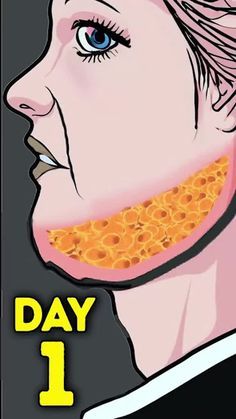 a woman with her mouth covered in something yellow and has the words day 1 on it