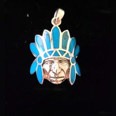 Sterling Silver & Turquoise Indian Head Pendant New Unique Blue Turquoise Necklace, Blue Turquoise Sterling Silver Necklace In Bohemian Style, Bohemian Blue Turquoise Sterling Silver Necklace, Jewelry Box With Lock, Sliver Earrings, Unique Nickel-free Blue Turquoise Necklace, Hand-strung Blue Southwestern Jewelry, Nickel-free Southwestern Blue Turquoise Necklace, Faceted Bead Necklace