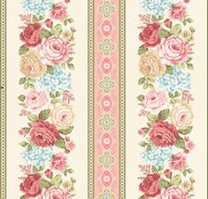 a striped wallpaper with flowers and leaves on the border in pink, blue, green and white