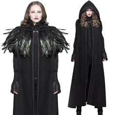 Stay warm and stylish in this luxurious women's gothic black feathered hooded cloak. crafted with an exquisite blend of polyester and viscose, perfect for any gothic inspired look. shop now and get free shipping! Feather Coat Outfit, Feather Cloak, Edgy Woman, Gothic Coat, Asymmetrical Coat, Feather Coat, Victorian Goth, Black Winter Coat, Coat Outfit