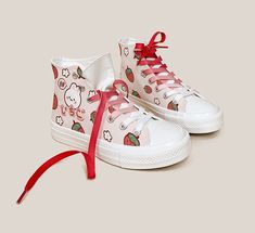 Features: Bring the cute to your outfit in these super adorable Kawaii Strawberry Bunny High-Top Canvas Shoes. These shoes are great for giving your casual wear that extra pop of kawaii personality. They make a great gift for anyone who loves adorable things, and are sure to be a hit! Made with high-quality canvas material to be both durable and comfortable to wear. The outsole material is made with rubber, giving it added protection against outside elements such as dirt and water. **These custo Cute Lace-up Canvas Shoes With White Sole, Kawaii Low-top Sneakers For Spring, Kawaii Sneakers For Spring Streetwear, Cute Flat Sneakers With Rubber Sole, Cute Lace-up Canvas Shoes For Spring, Cute Flat Heel Sneakers For Spring, Cute Canvas Shoes With Round Toe For Streetwear, Cute High-top Summer Sneakers, Cute High-top Sneakers For Spring