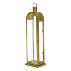 an antique brass finish lantern with glass panels on the top and bottom, set against a white background