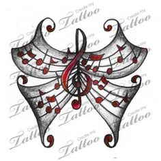 a tattoo design with music notes and hearts in the shape of a butterfly on a white background