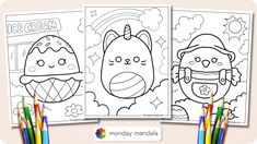 two coloring pages with cartoon characters on them