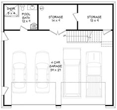 the floor plan for a garage with two cars and an upstairs living area on one side