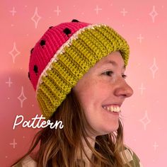 DESCRIPTION: This is an advanced beginner crochet pattern, written in US terminology. You will need worsted weight yarn in 4 colours (60-90g of red, 5-10g of black, 40-55g of green, and 5-10g of white), a 6mm crochet hook, a tapestry needle, a stitch marker, and a pair of scissors to complete this pattern. Special stitches include the spike puff stitch (instructions included). This pattern includes instructions for an adult size medium (intended to fit a 54cm head), large (58cm), and extra large Fruity Aesthetic, Crochet Watermelon, Beanie Crochet Pattern, Beanie Crochet, Puff Stitch, Crochet Patterns For Beginners, Fun Summer, Worsted Weight Yarn, Tapestry Needle