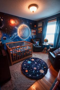 a baby's room with planets and stars on the wall, carpeted floor