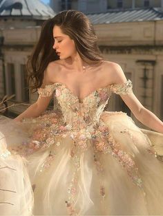 Gorgeous Off Shoulder Long Champagne Lace Floral Prom Dresses, Off Shoulder Champagne Formal Dresses, Floral Evening Dresses Fairy Ball Gown, Champagne Formal Dresses, Ball Gown Princess, Prom Dresses Off The Shoulder, Floral Evening Dresses, 15 Dresses Quinceanera, Dresses Off The Shoulder, Gown Princess, Princess Prom Dresses