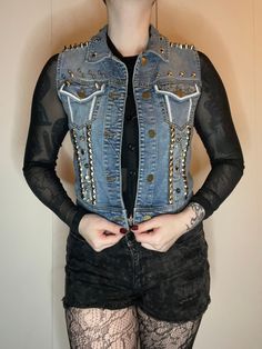 Women's small denim vest Hand studded and sewn - do not expect 100% perfection. Every vest is one of a kind and handcrafted. Handmade misfits patch Misfits Patch, Punk Outfit, Punk Outfits, Vest Outfits, Alternative Outfits, Denim Vest, Womens Vest, Favorite Outfit, Denim Jacket