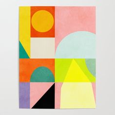 an abstract painting with different colors and shapes on the wall above it is a white background