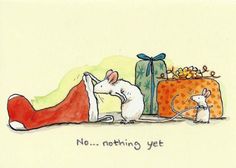 a drawing of a mouse and a present on a table with the caption no nothing yet