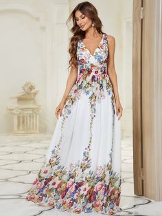 COLOR=Printed Cream | Sleeveless V-Neck Semi-Formal Chiffon Maxi Dress-Printed Cream 1 Classic Summer Dresses, Elegant Evening Dresses Long, Maxi Bridesmaid Dresses, Chiffon Evening Dresses, Sleeveless Gown, Ever Pretty, Evening Dresses Elegant, Chiffon Maxi, Chiffon Maxi Dress