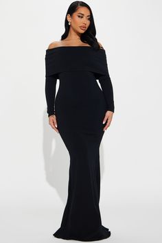 Available In Black And Cream. Maxi Dress Off Shoulder Foldover Detail Stretch Compression Rib 88% Rayon 12% Spandex Imported | Nayeli Snatched Maxi Dress in Black size 1X by Fashion Nova Plus Size Formal Dresses Black, Black Off The Shoulder Long Sleeve Dress, Wedding Guest Black Women, Curvy Prom Dress, Formal Dresses For Curvy Women, Dress Ideas For Wedding Guest, Formal Dinner Dress, Bday Dresses