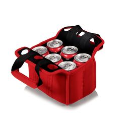 a red cooler with six cans of beer in it and black strap around the bottom