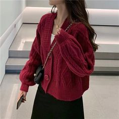 Solid Candy Colors Knitted Cardigan Sweater – Nada Outfit Land Maroon Cardigan Outfit Aesthetic, Red Cable Knit Long Sleeve Cardigan, Red Long Sleeve Cable Knit Cardigan, Maroon Aesthetic Outfit, Red Cardigan Outfit Aesthetic, Maroon Cardigan Outfit, Maroon Sweater Outfit, Red Crochet Cardigan, Red Cardigan Outfit