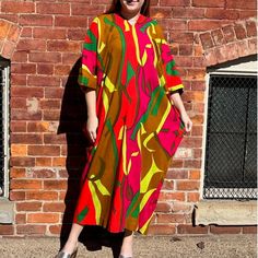 "Beautiful bright psychedelic pattern kaftan from the 1960s! Made of medium weight acrylic fabric. Bust: 76\" Length: 51\" Condition: Excellent" Spring Multicolor Kaftan With Colorful Pattern, Multicolor Abstract Print Kaftan For Spring, Spring Multicolor Patterned Kaftan, Vibrant Multicolor Spring Kaftan, Spring Multicolor Kaftan With Abstract Print, 70s Kaftan Dress, Fitted Multicolor Floor-length Kaftan, Spring Multicolor Abstract Print Kaftan, Festive Multicolor Maxi-length Kaftan