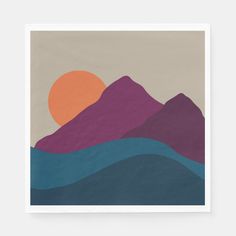 a poster with mountains and the sun in the background